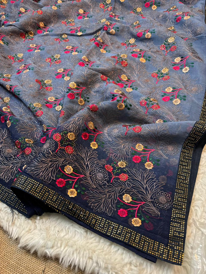 Designer Shimmer Chiffon Saree with Multicolor Embroidery