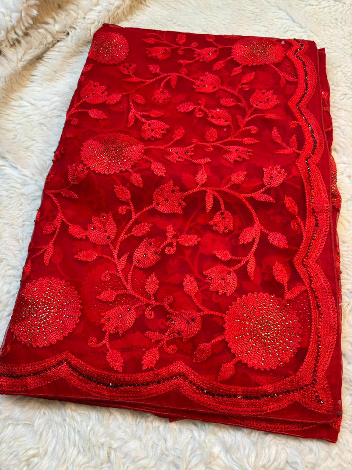 Red Floral Embroidered Net Saree with Cutdana & Scalloped Border