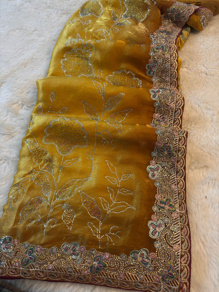 Premium Satin Saree with Swarovski Floral Work & Heavy Designer Border