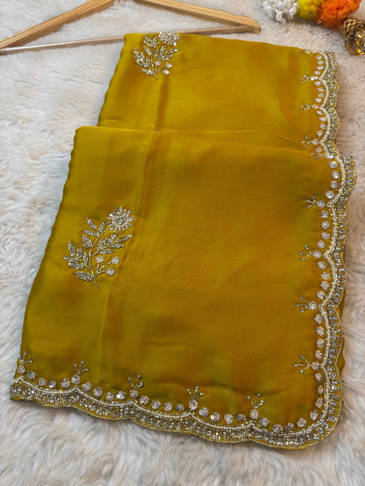 Elegant Satin Silk Saree with Heavy Handwork Border & Floral Butti