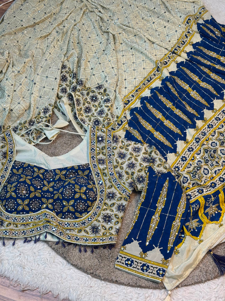 Ivory & Navy Blue Chinon Printed Saree with Mirror Work & Stitched Blouse