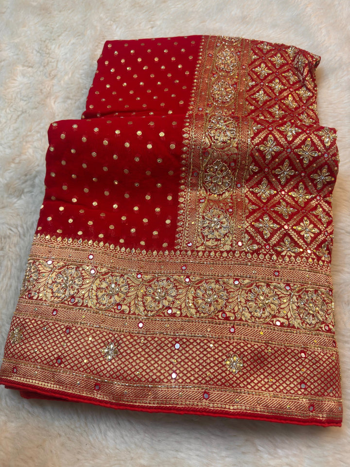 Heavy Bridal Khaddi Georgette Saree with Rich Zari & Mirror Work Border