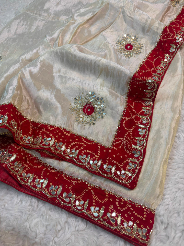 Premium Cosmo Silk Saree with Mirror Work & Contrast Bandhani Border
