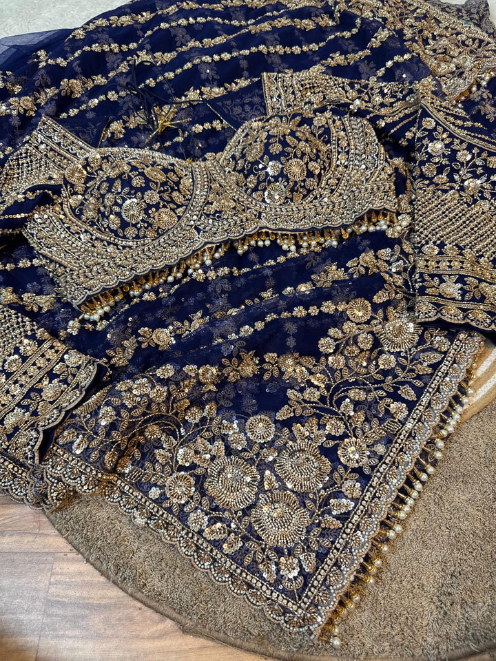 Royal Navy Blue Party Wear Net Saree with Handwork