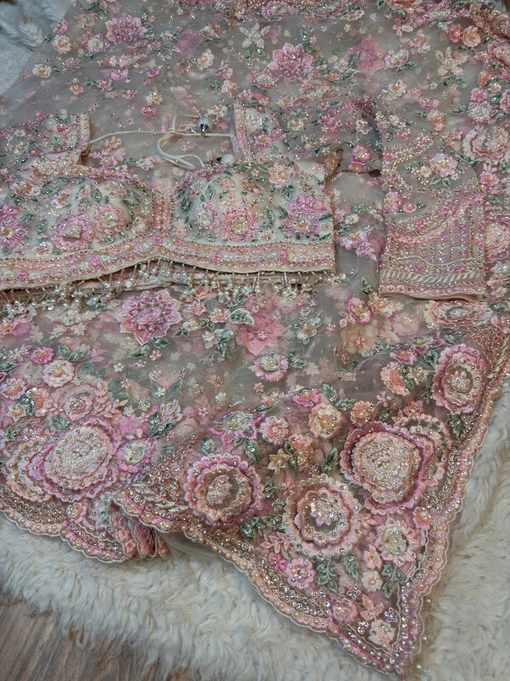 Premium 3D Floral Net Saree with Heavy Ready Blouse – White