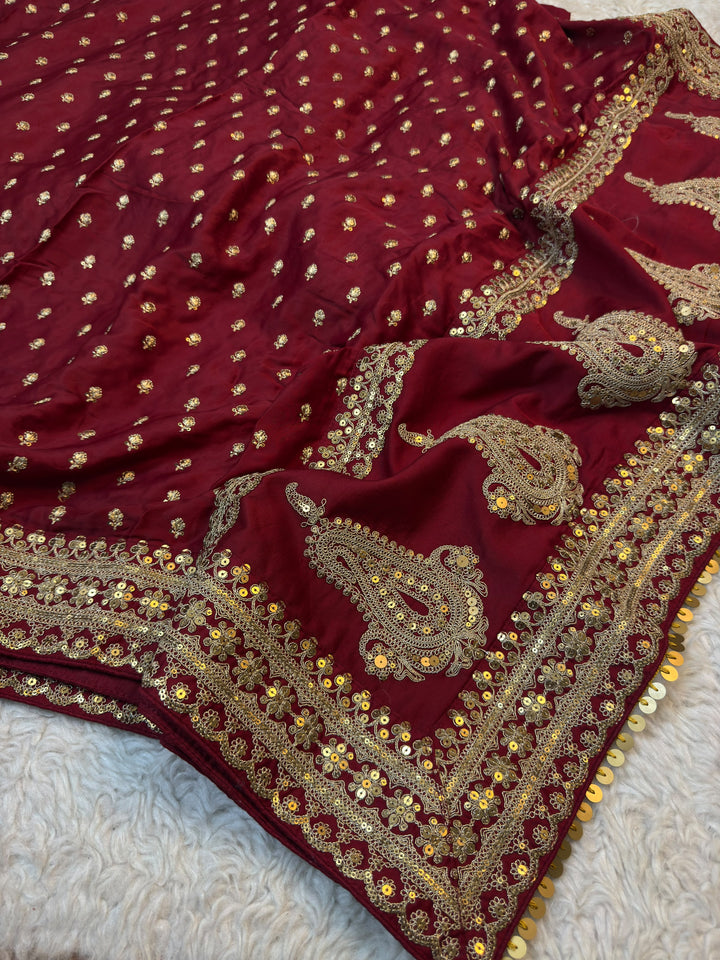Luxury Crepe Satin Silk Saree with Intricate Paisley Embroidery