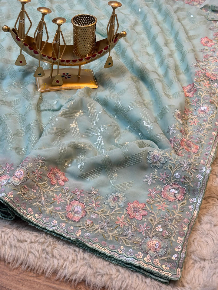 Pastel Mint Georgette Saree with Floral Embroidery Border
