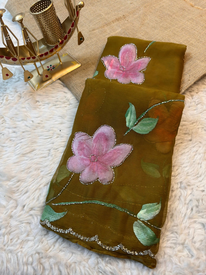 Floral Brush Print Chiffon Saree with Scalloped Border