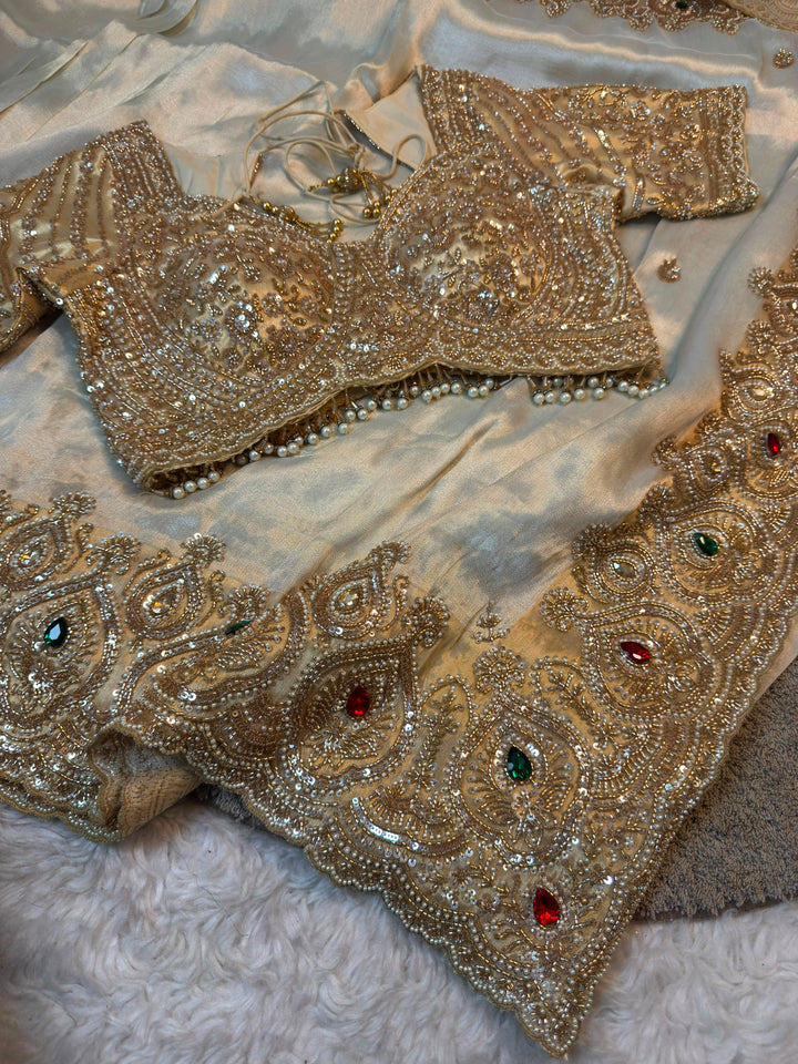 Ivory cream Heavy Embroidered Designer Saree