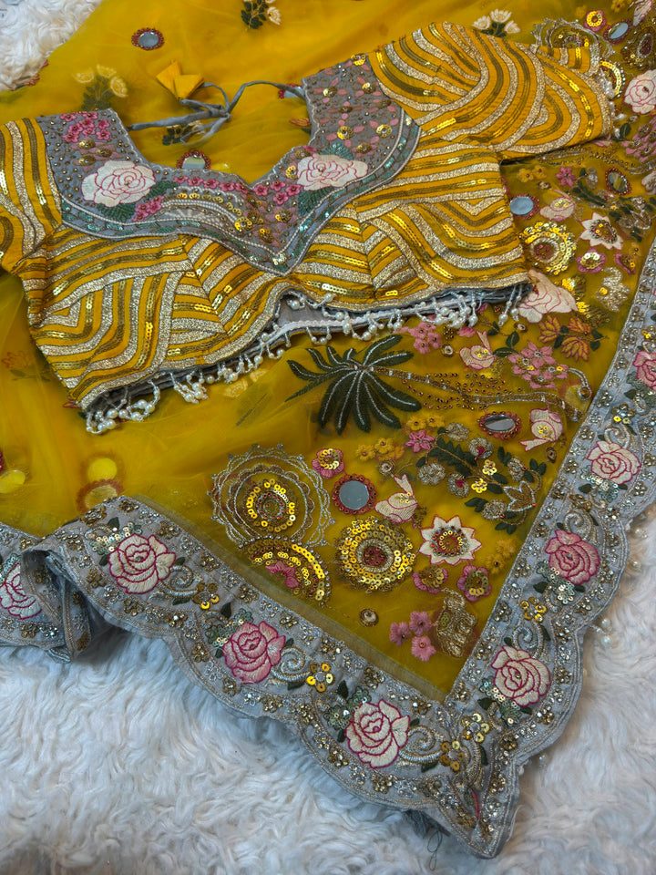 Luxury Floral Net Saree with Mirror Work & Designer Blouse
