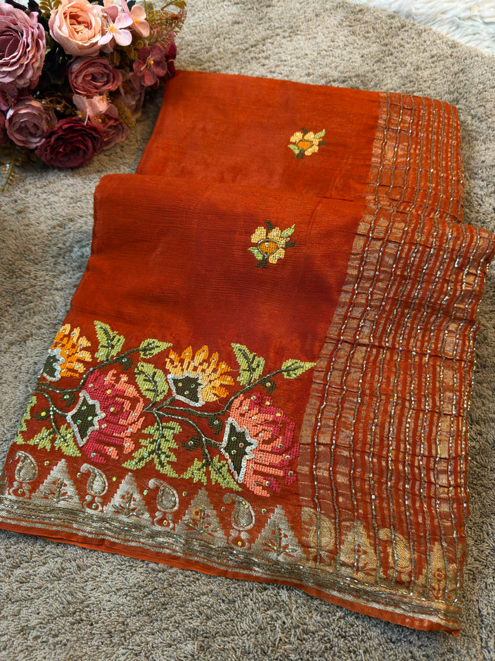 Premium Chinon Saree with Floral Thread Embroidery & Rich Zari Border