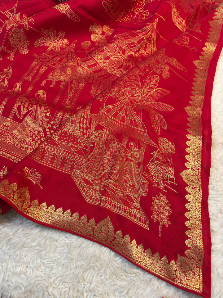 Traditional Saree with Intricate Gold Zari Woven Motifs & Rich Border