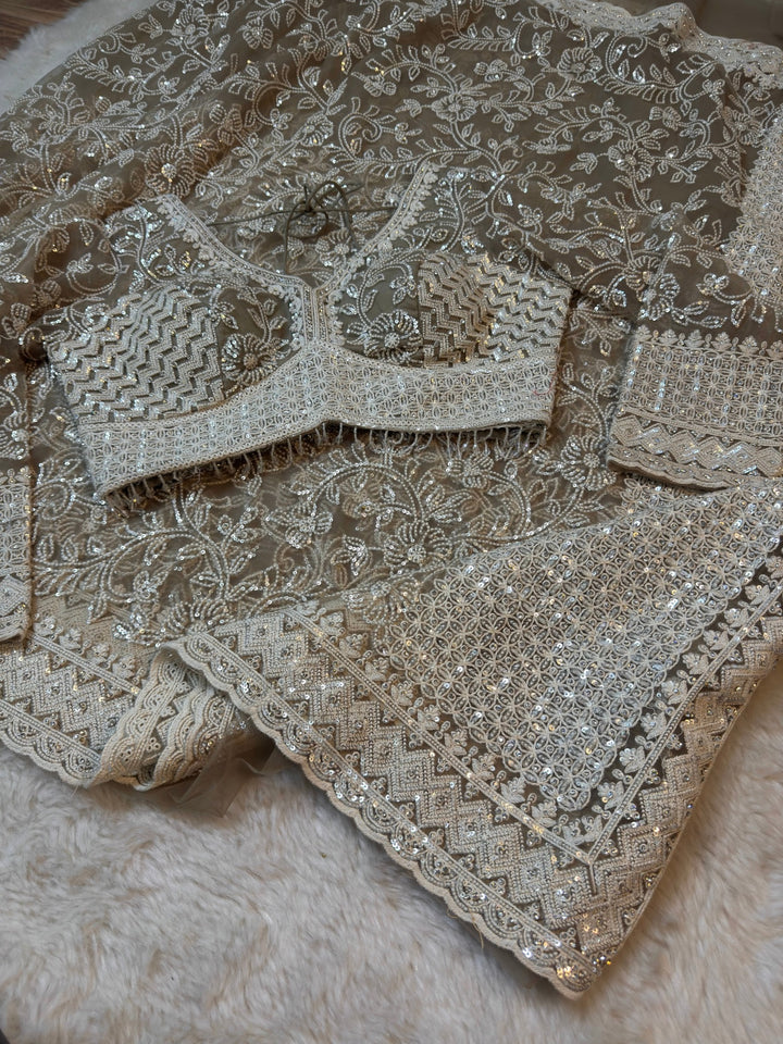 Premium Heavy Embroidered Net Saree with Stitched Designer Blouse