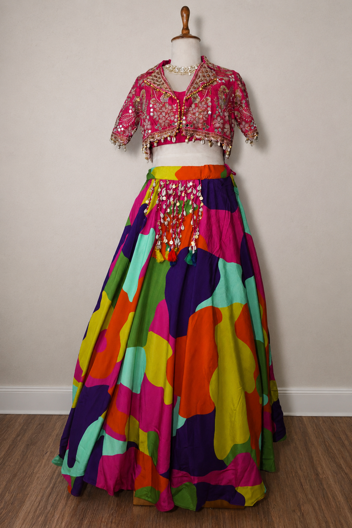 Viral Multicolor Abstract Lehenga Set with Heavy Mirror Embroidered Jacket Blouse