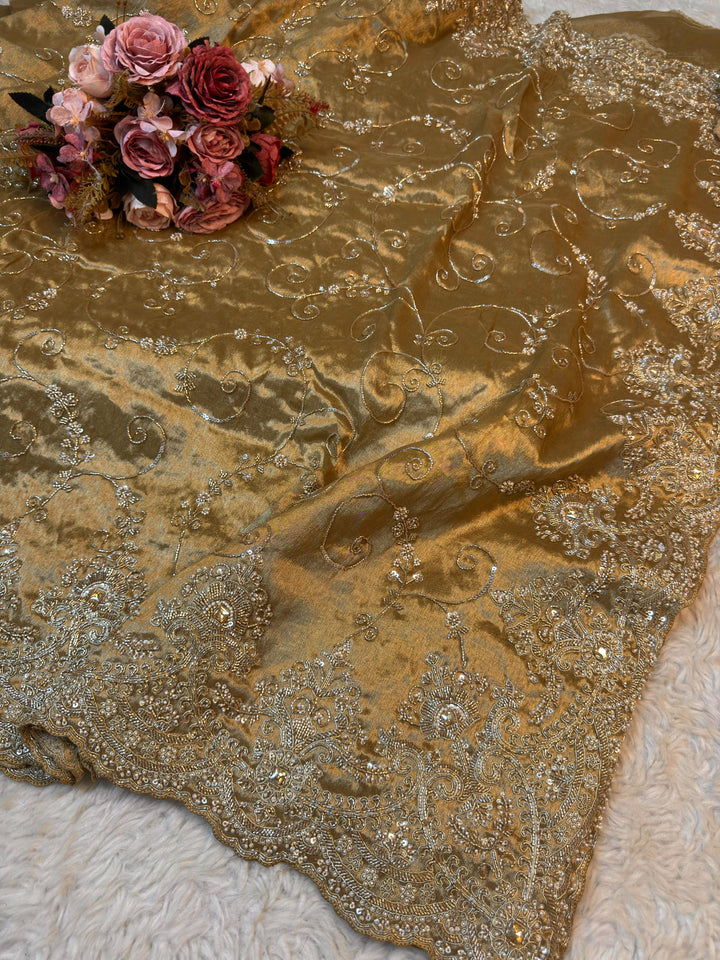 Antique Gold Kanjivaram Silk Saree with Heavy Embroidery