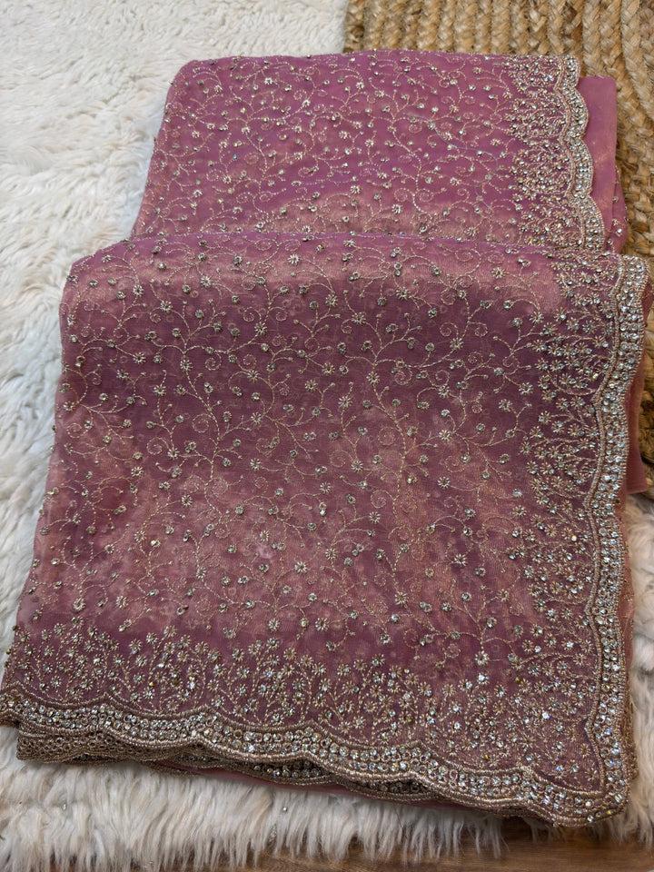 Twill Net Saree with Heavy Floral Sequin Embroidery & Scalloped Border