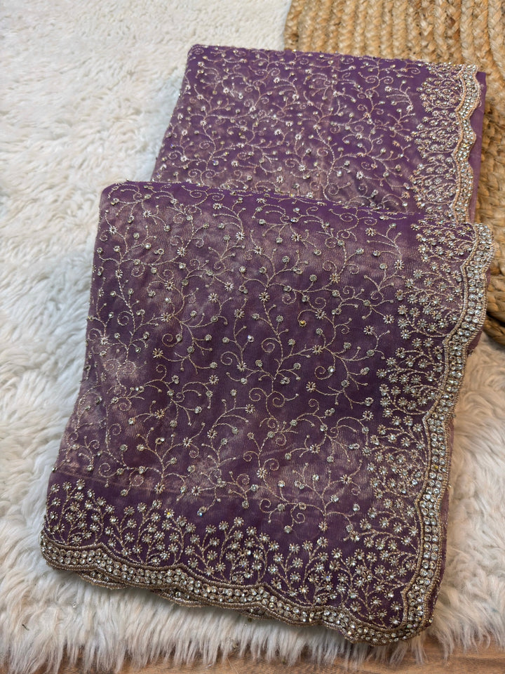 Twill Net Saree with Heavy Floral Sequin Embroidery & Scalloped Border