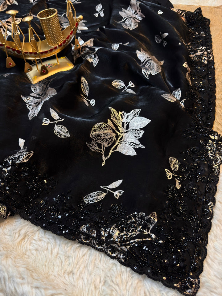 Midnight Noir Designer Fendy Silk Saree with Hand Embellished Border