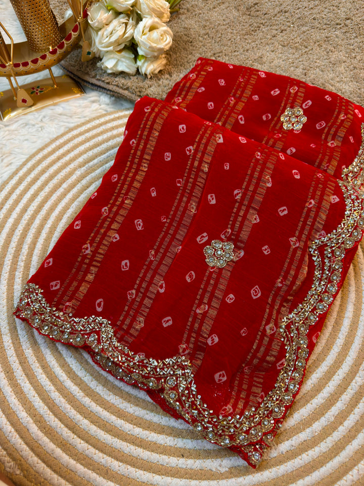 Premium Bandhani Inspired Saree with Hand Embellished Border & Contrast Designer Blouse