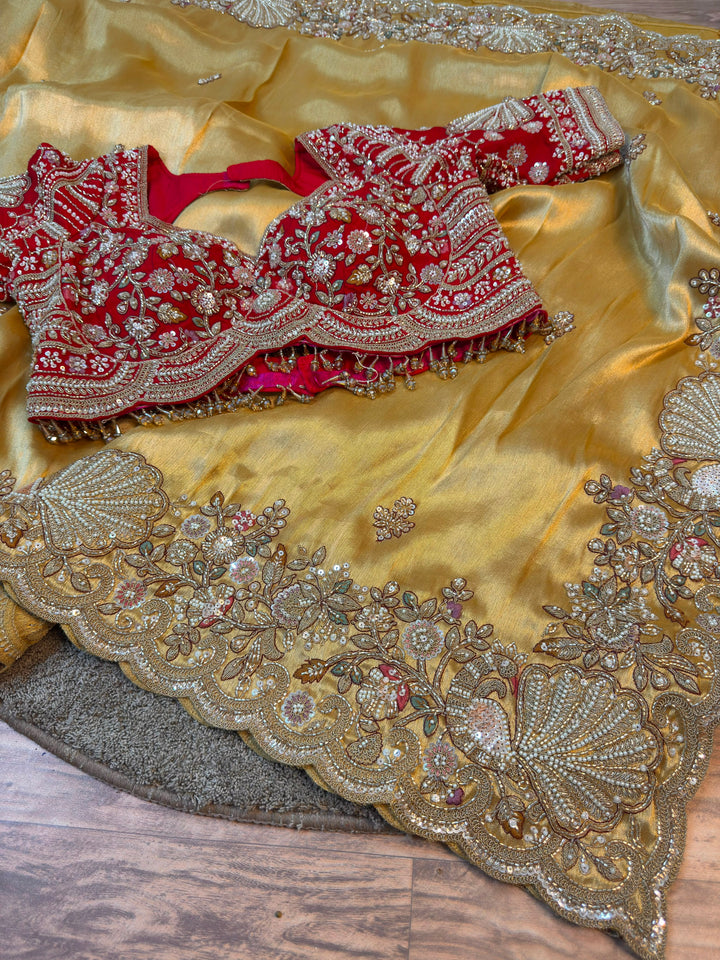 Golden Bridal Saree with Heavy Hand-Embroidered Blouse & Dupatta