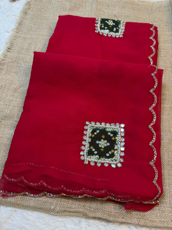 Elegant Chiffon Saree with Handwork Mirror Patch & Scalloped Border