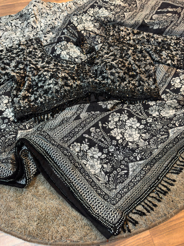 Elegant Black & White Floral Chinon Saree with Heavy Sequins Embroidered Blouse