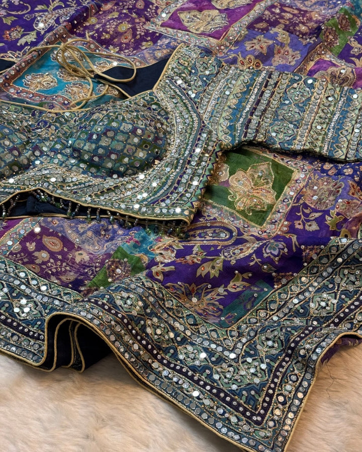 Premium Multicolor Chinon Saree with Heavy Mirror & Sequin Handwork Stitched Blouse