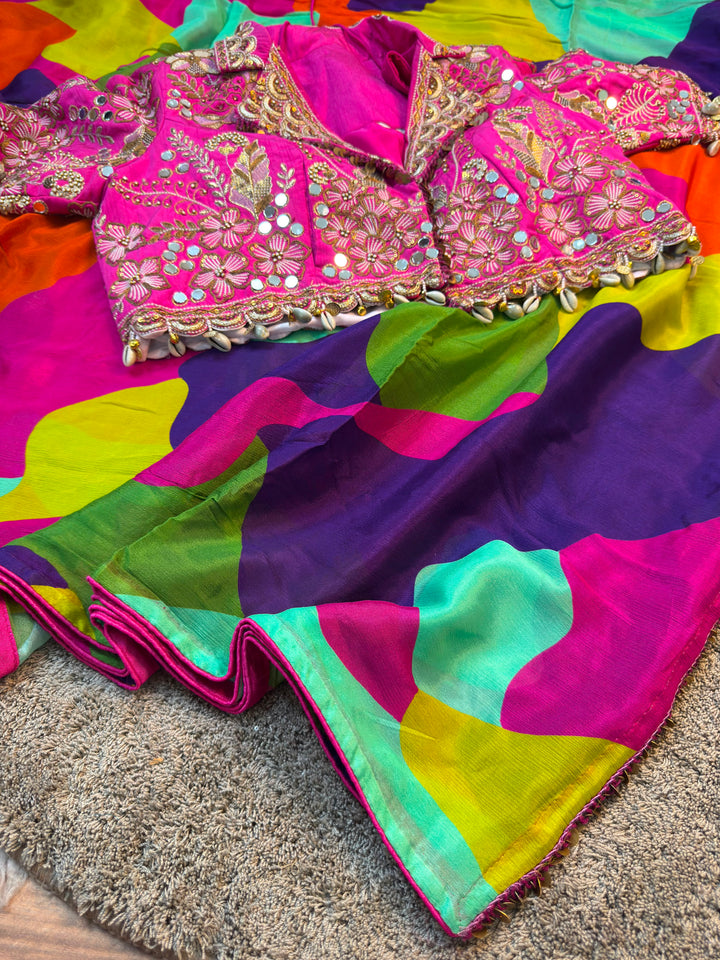 Multicolor Printed Saree with Heavy Handwork Embroidered Jacket and blouse set