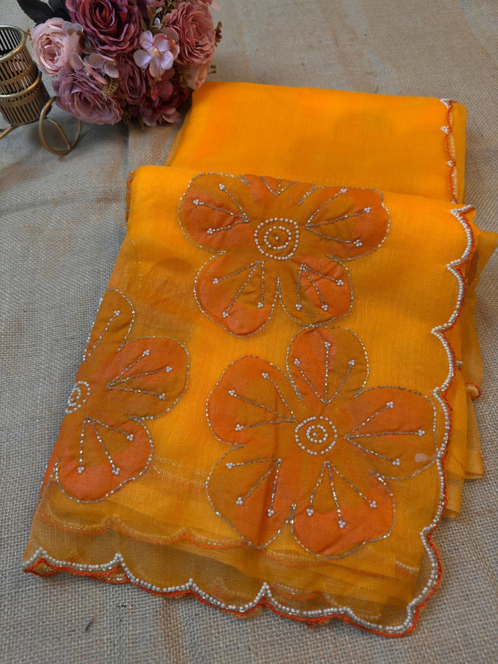 Elegant Organza Saree with Brush Painted Florals & Embroidery