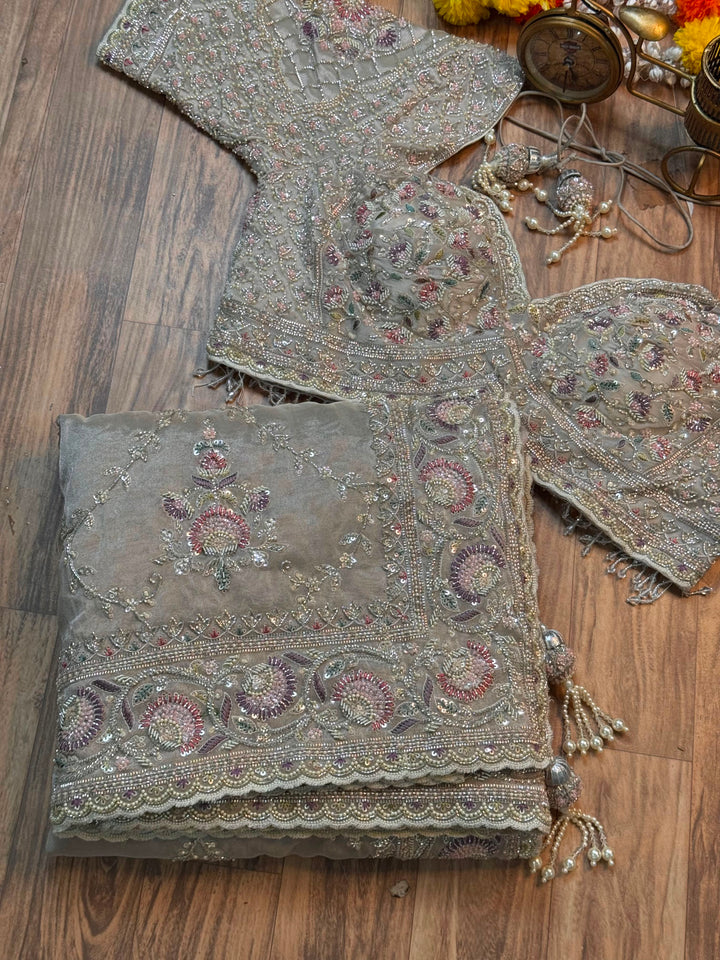 Champagne Floral Embroidered Bridal Saree with Heavy Handwork Border