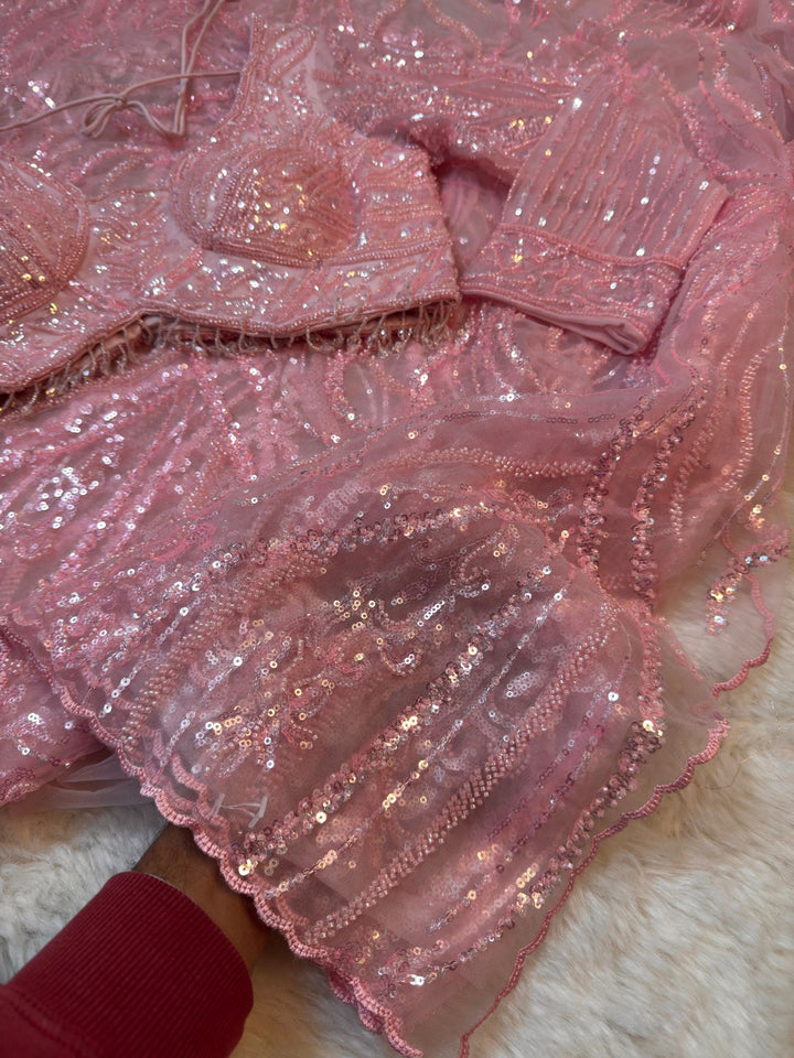 🌸 Blush Pink Sequin Embroidered Net Saree with Stitched Blouse