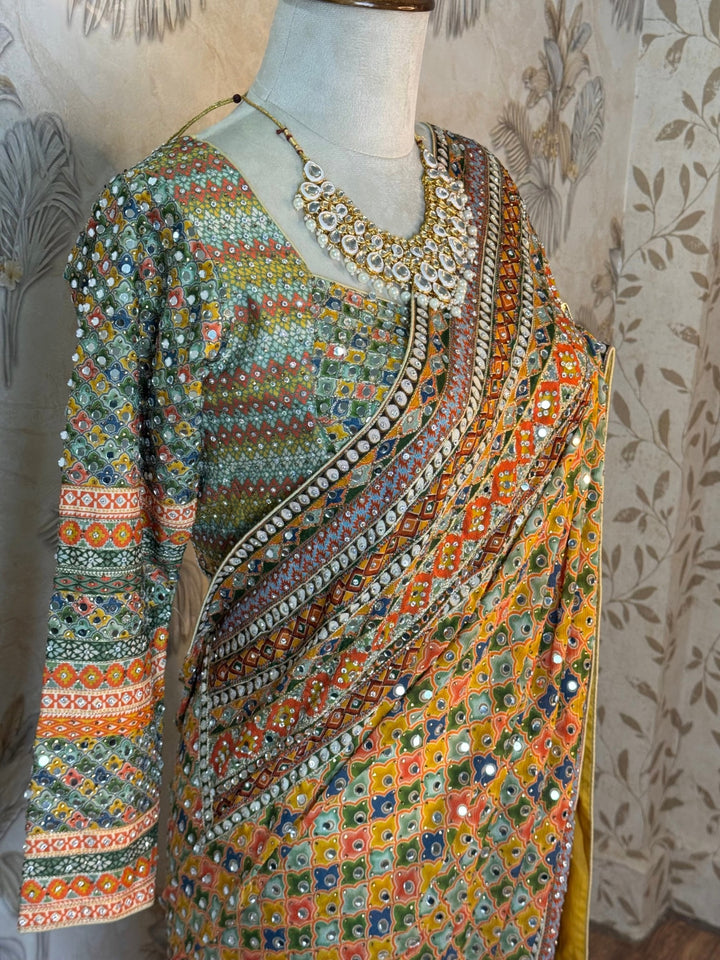 Yellow Special Crepe Chinnon Saree with Mirror Work & Stitched Blouse