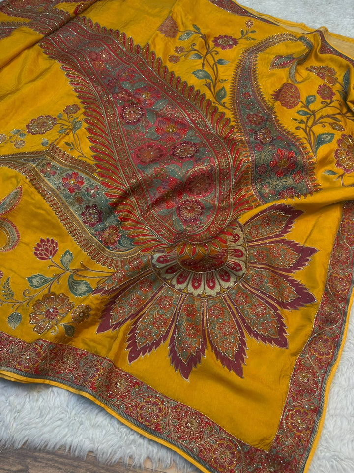 Kashmiri Paisley Embroidered Silk Saree with Intricate Floral Border