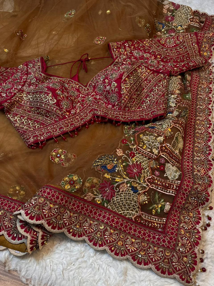 Heavy Embroidered Net Saree with Designer Stitched Blouse & Peacock Pallu Work