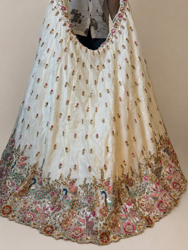 Ivory Hand Embroidered Lehenga Set with Pink Dupatta & Peacock Floral Border