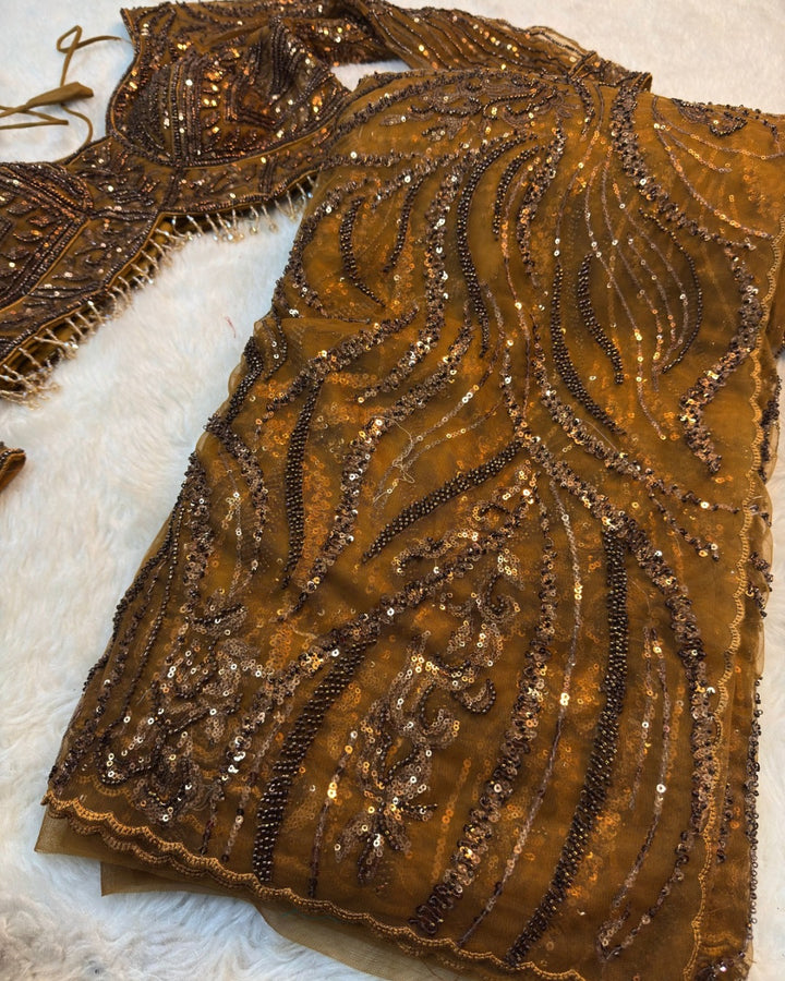 Antique Brown Designer Net Saree with Heavy Sequin & Cutdana Work