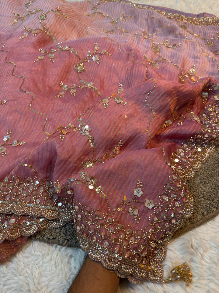 Embellished Crush Silk Saree with Floral Sequin Work & Scalloped Border