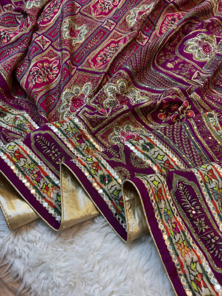 Premium Wine Magenta Crepe Chinon Saree with Heritage Print