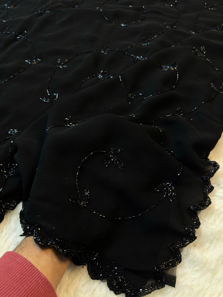 🖤 Black Hand-Embroidered Georgette Saree with Scalloped Border
