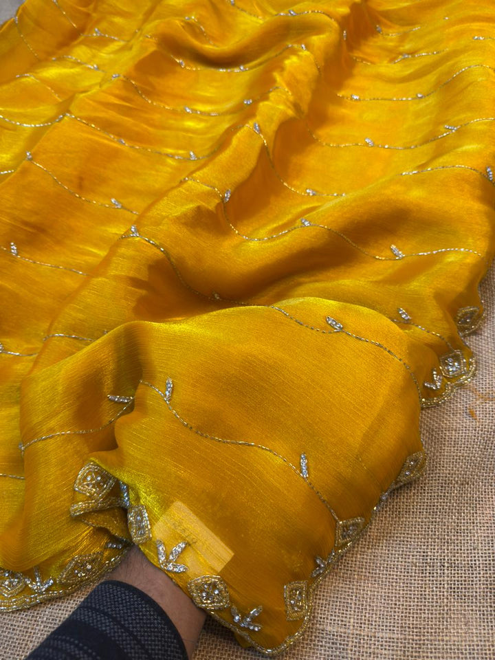Mustard Yellow Burberry Fabric Saree with Handwork Border & Sequin Detailing