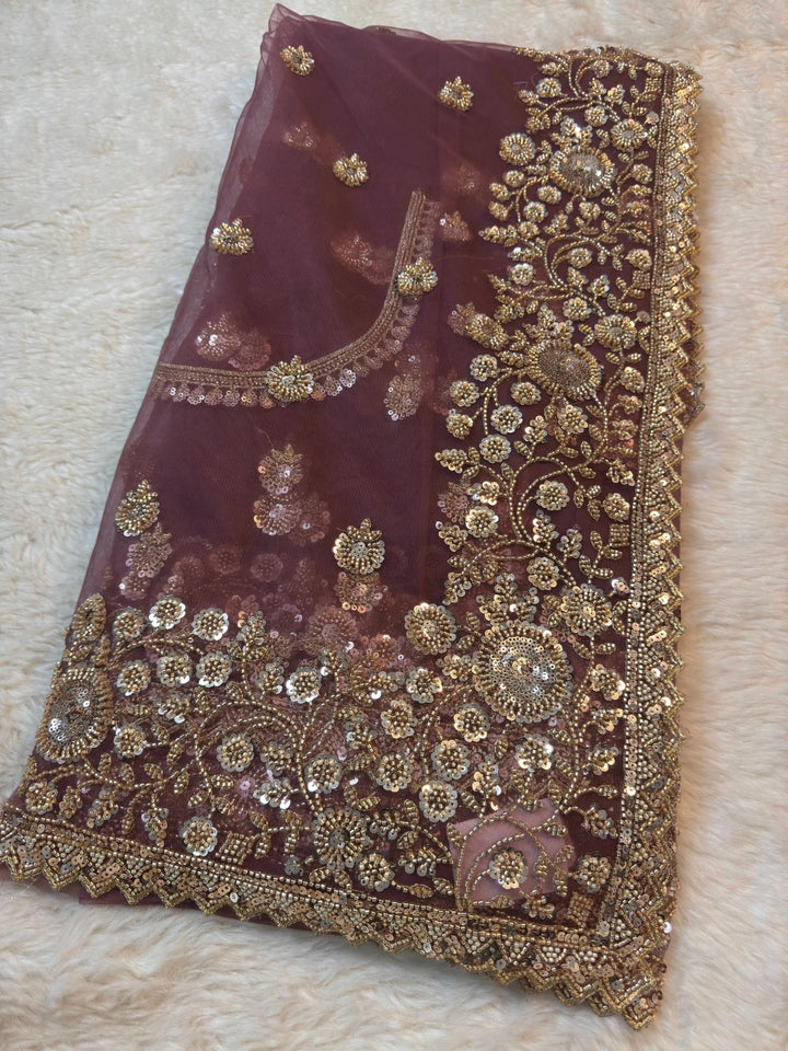 Heavy Embroidered Net Saree with Floral Sequin Border & Designer Blouse