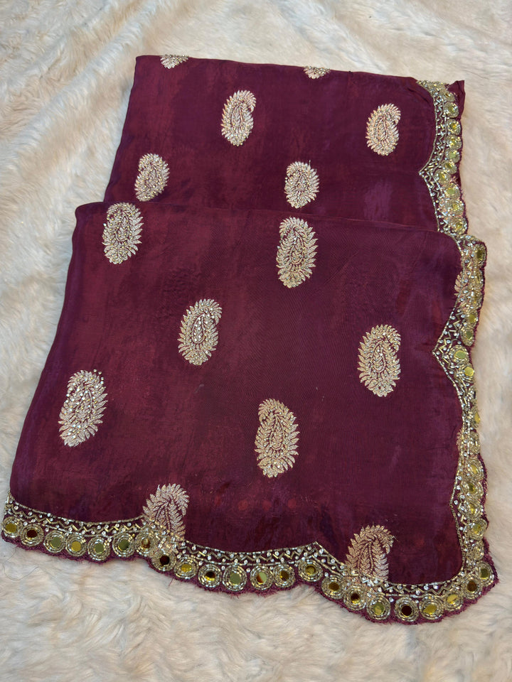 HO Silk Saree with Golden Butti Embroidery & Mirror Work Border