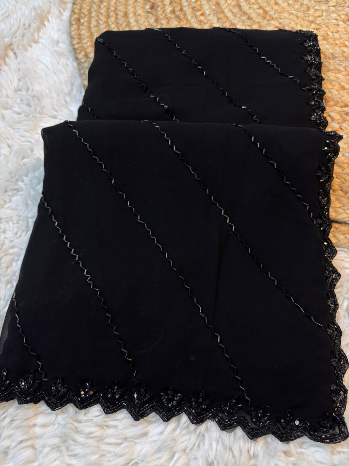 Black Georgette Saree with Handwork Scalloped Border & Diagonal Bead Detailing