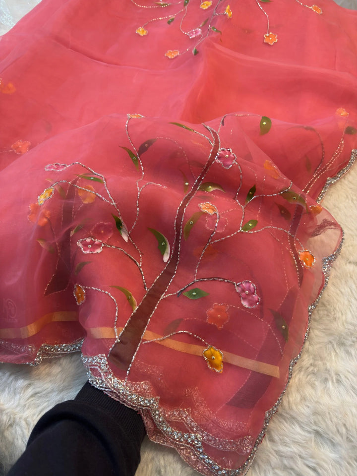Designer Glass Tissue Saree with Artistic Tree Print