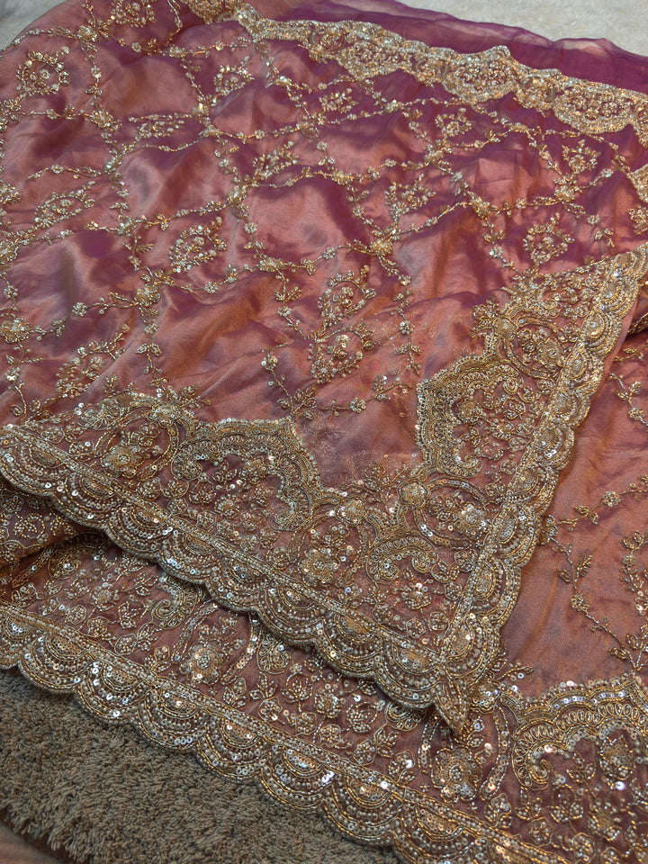 Premium Organza Saree with Heavy Sequin Embroidery & Scalloped Border