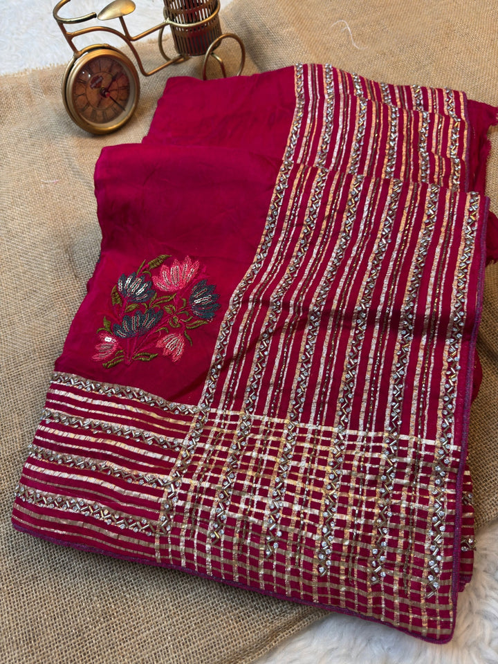 Designer Silk Saree with Cutdana Stripe Work & Floral Blouse
