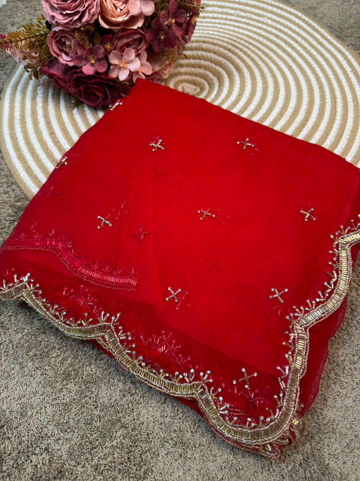 Premium Chiffon Saree with Handworked Scalloped Border & Butti Detailing
