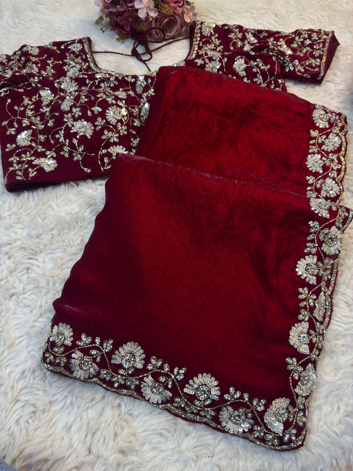 Designer Fendy Silk Saree with Sequin Floral Border & Blouse