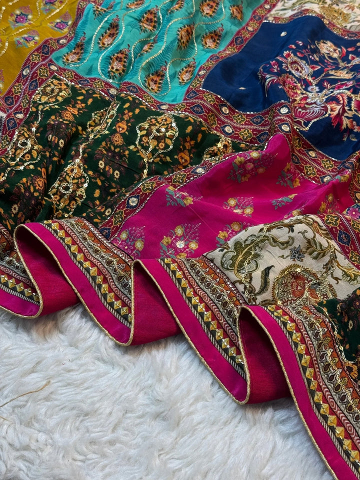 Multicolor Patch Print Crepe Chinon Saree with Designer Border