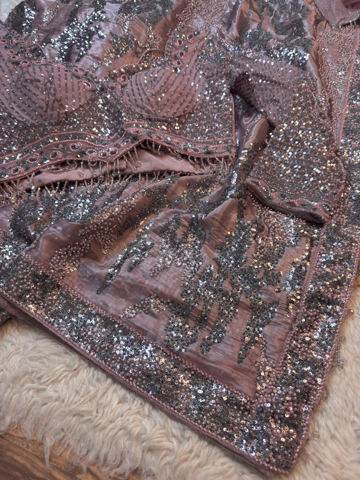 Premium Dusty Mauve Party Wear Saree with Sequins Embroidery & Stitched Blouse